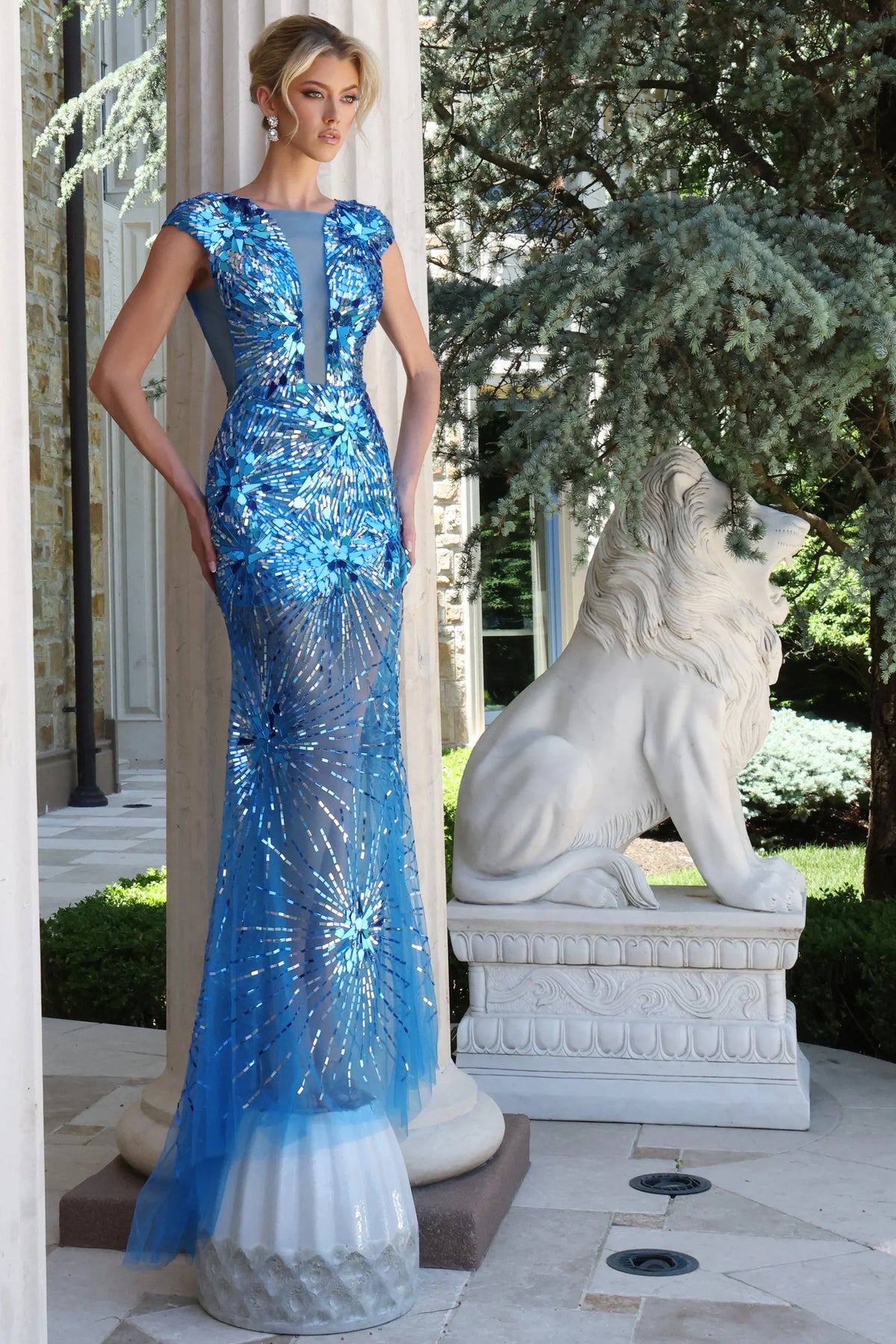 Jovani 48051 - Starburst Sequin Cap Sleeve Dress - Peacock - Main