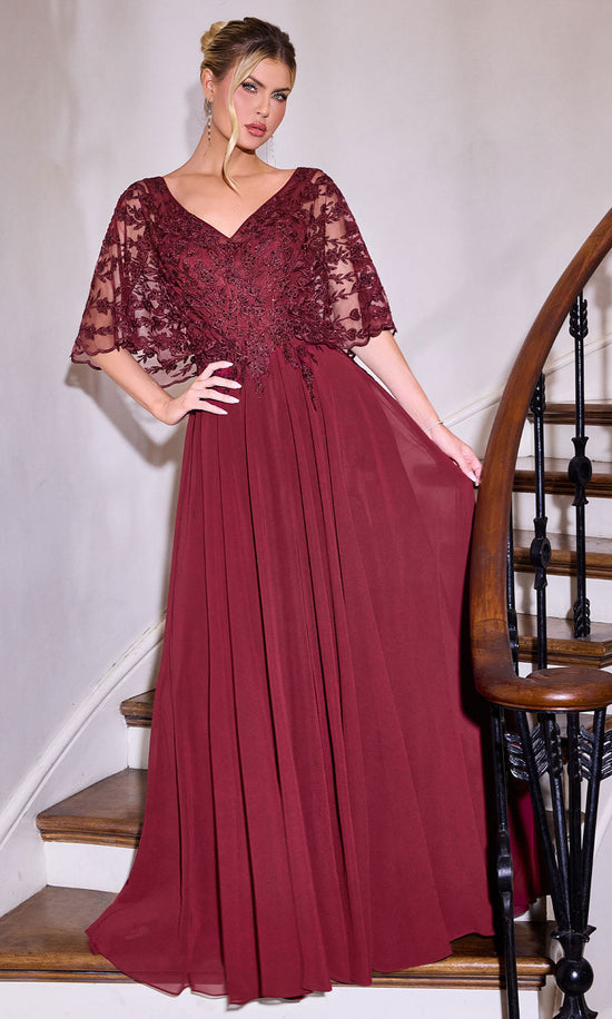 Ladivine CL10 - Embroidered Cape Sleeve A-Line Formal Gown - Moss Green - Main