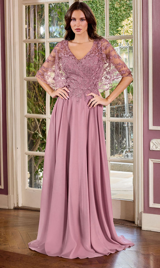 Ladivine CL10 - Embroidered Cape Sleeve A-Line Formal Gown
