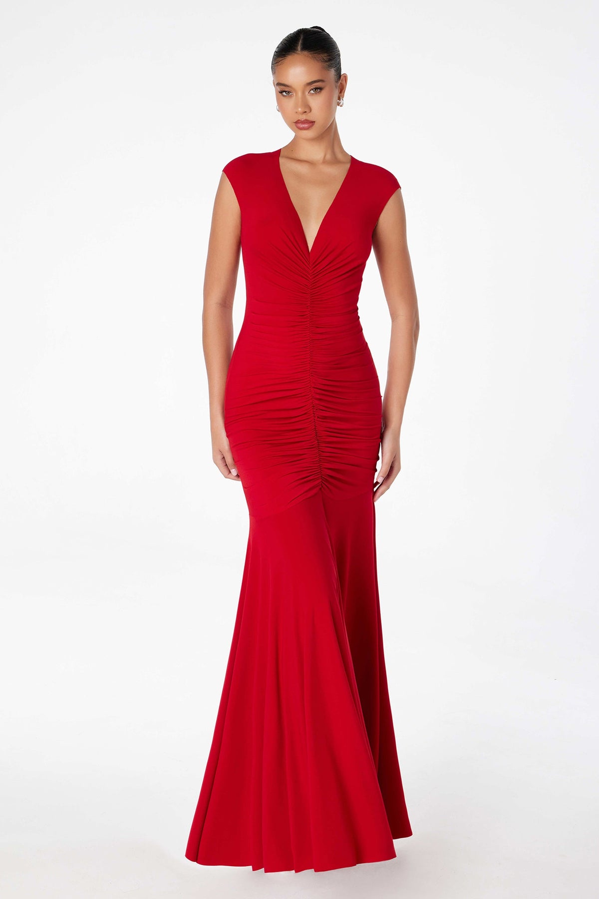 Ladivine T2009 - V Neck Ruched Mermaid Gown - Red - Main