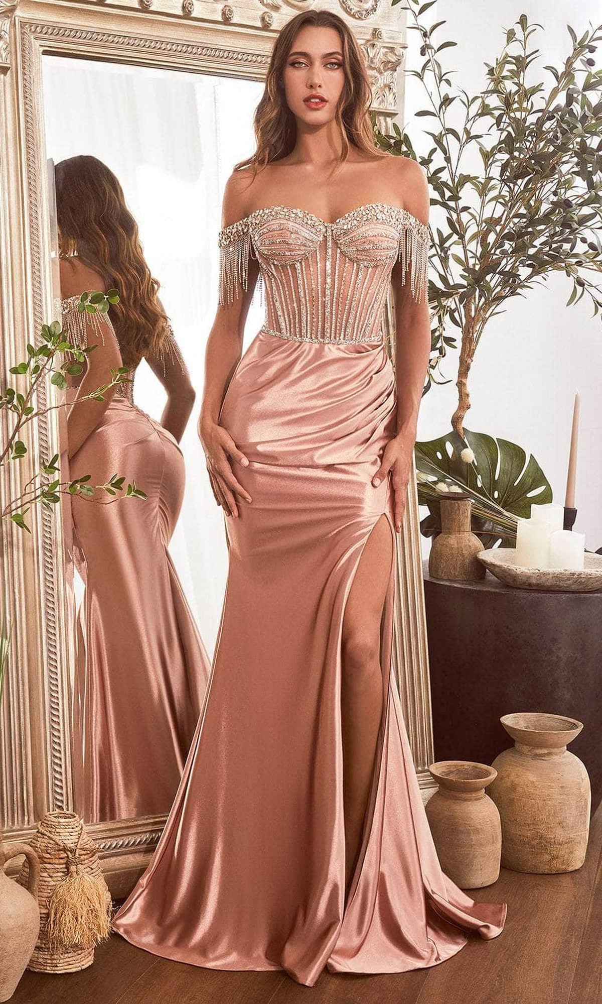 Beaded Off Shoulder Corset Gown
