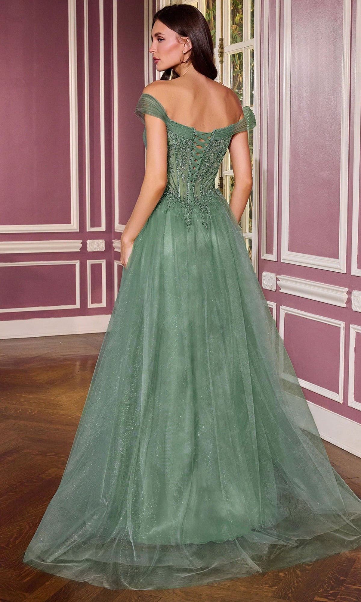 Beaded Off-Shoulder Tulle Evening Gown