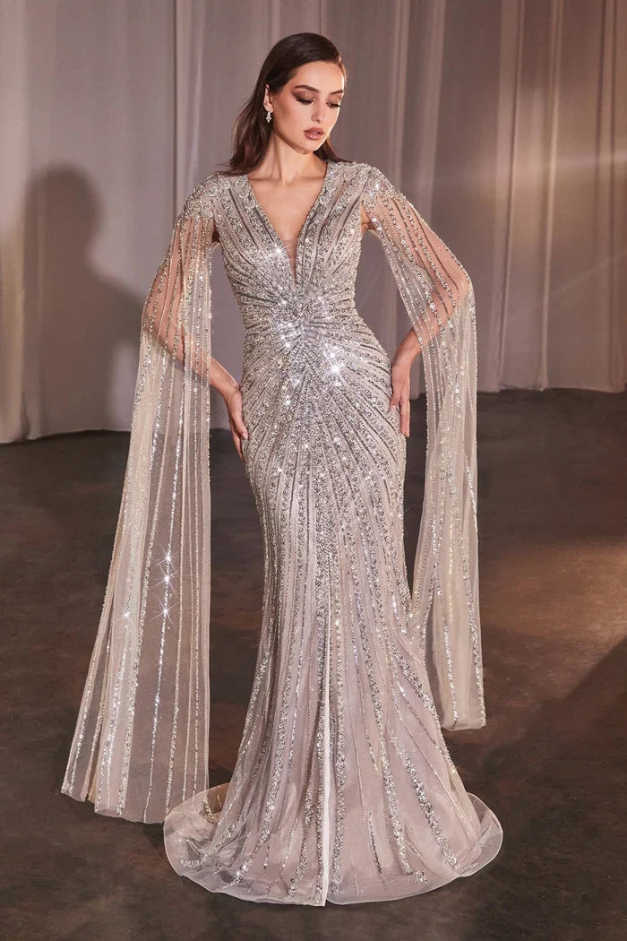 Cinderella Divine CD0239 - Embellished  Cape Sleeves Prom Dress