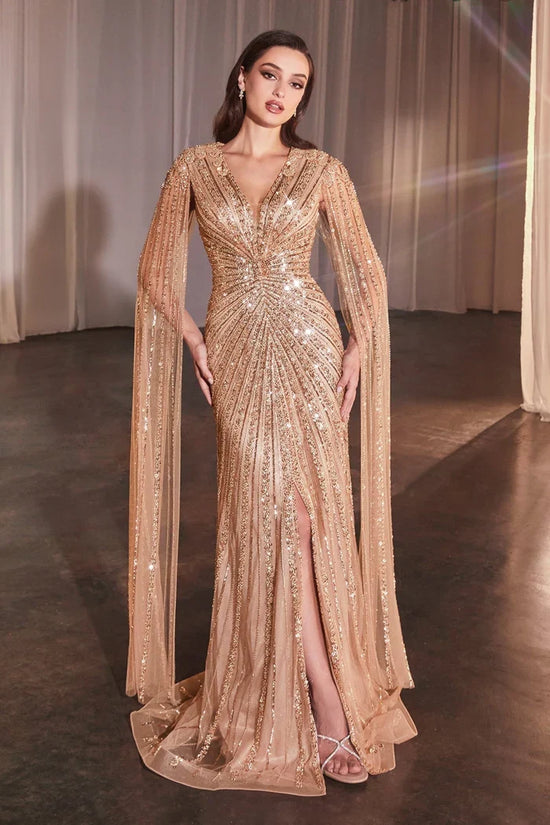 Cinderella Divine CD0239 - Embellished  Cape Sleeves Prom Dress