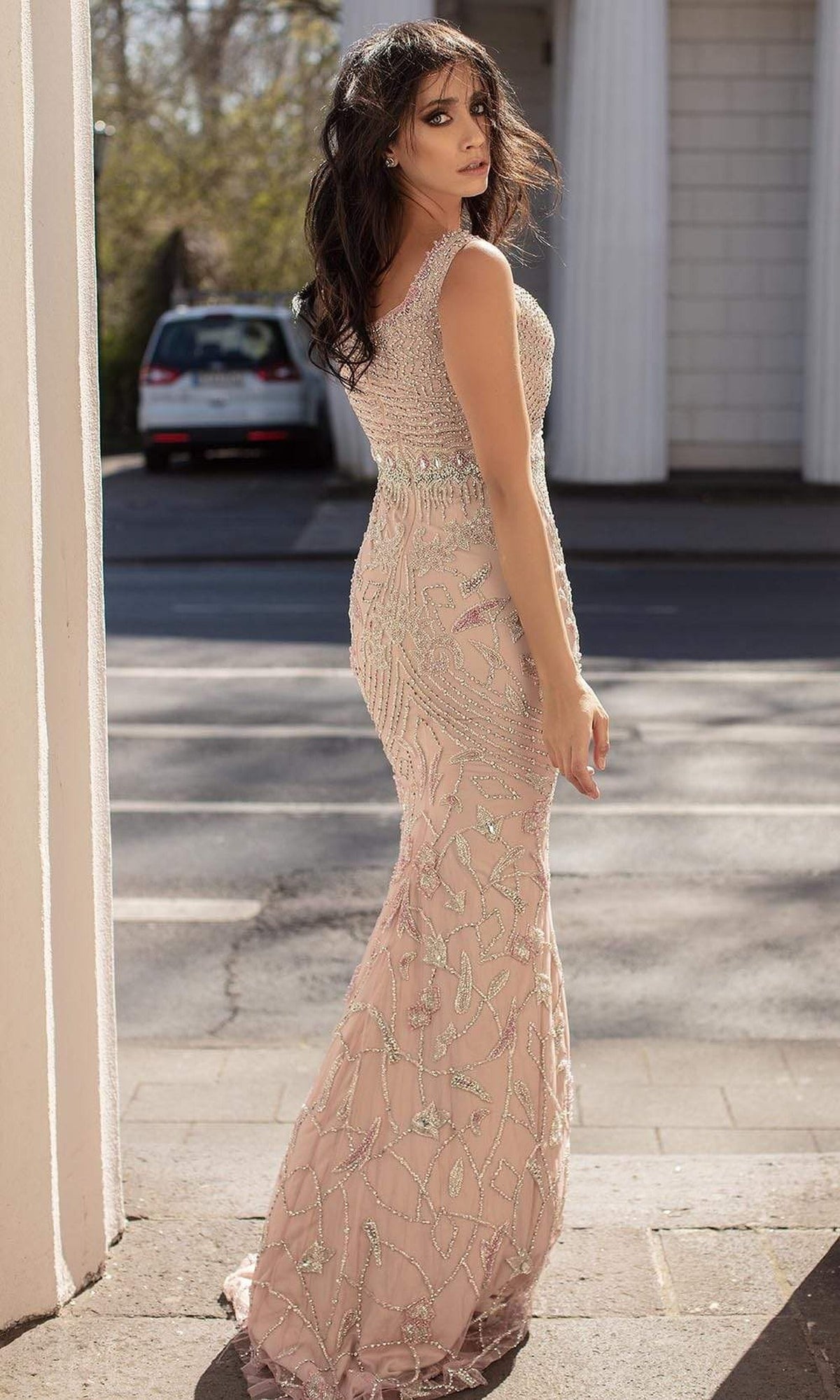 Chic & Holland - HF1516 Illusion Front Keyhole Embellished Long Gown
