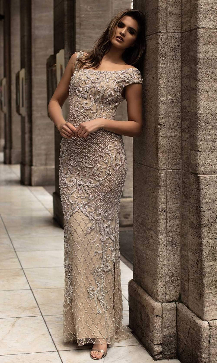 Chic and Holland - HF1520 Bateau Neck Jewel Adorned Sheath Gown - Nude - Main