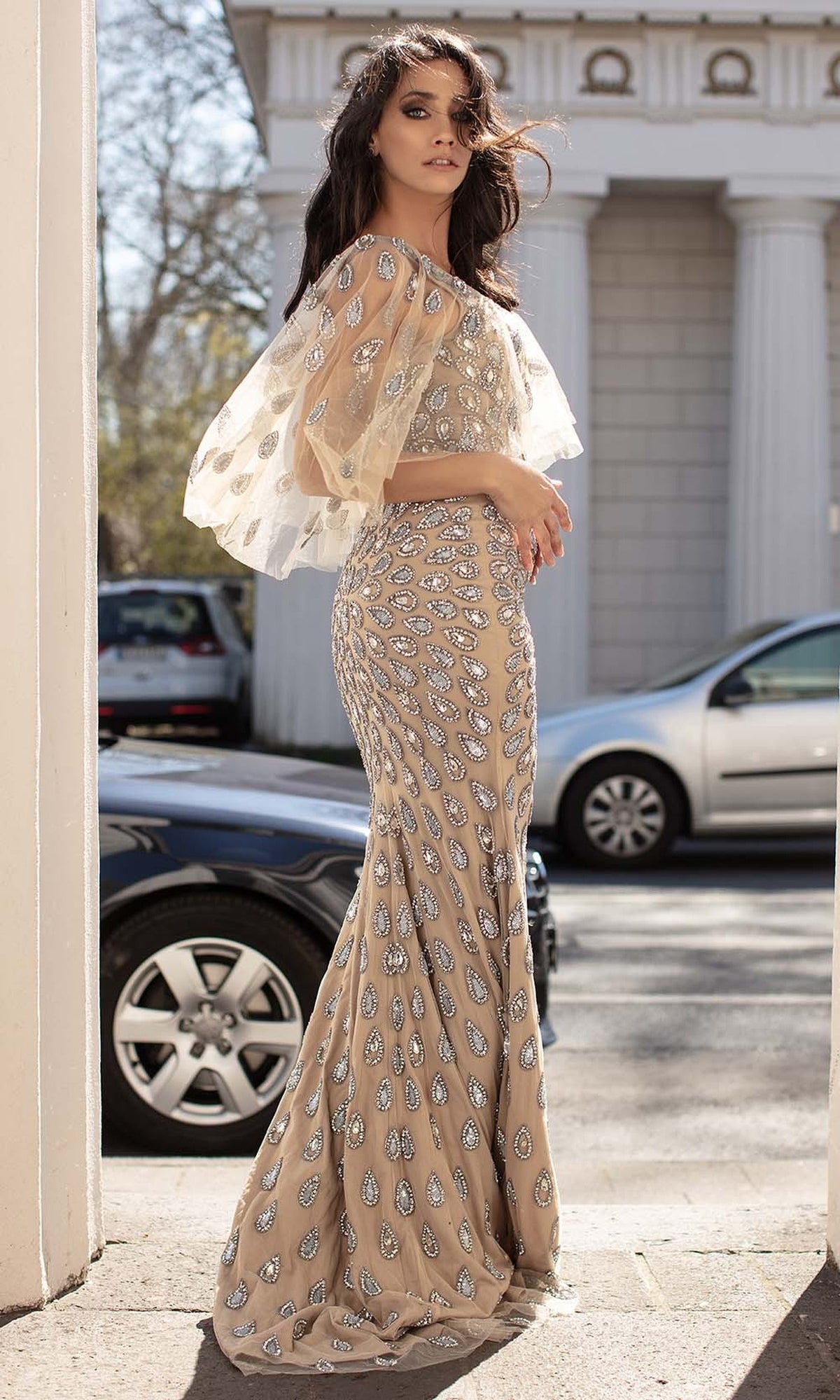 Chic & Holland - HF1527 Embellished V Neck Long Fitted Dress