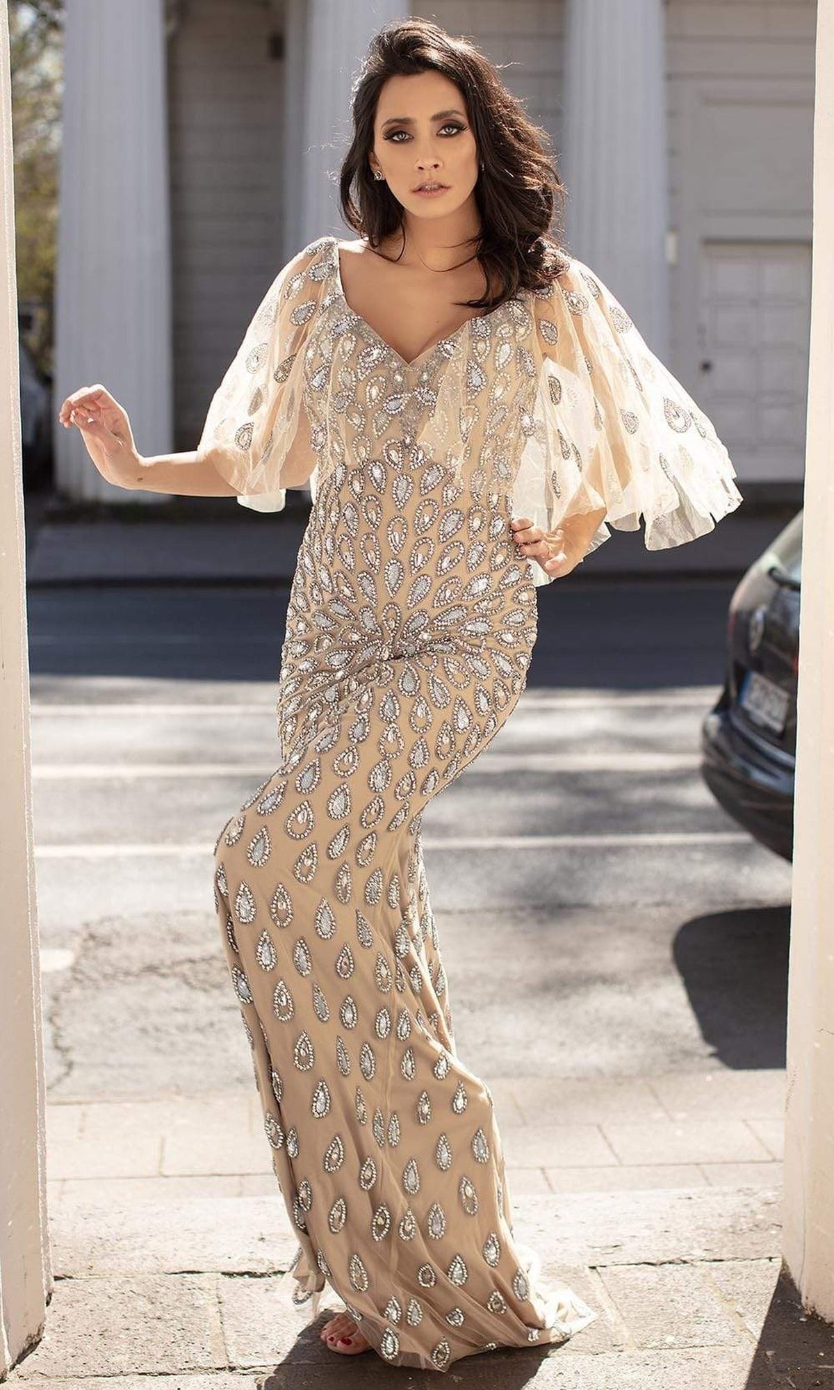 Chic and Holland - HF1527 Embellished V Neck Long Fitted Dress - Nude - Main