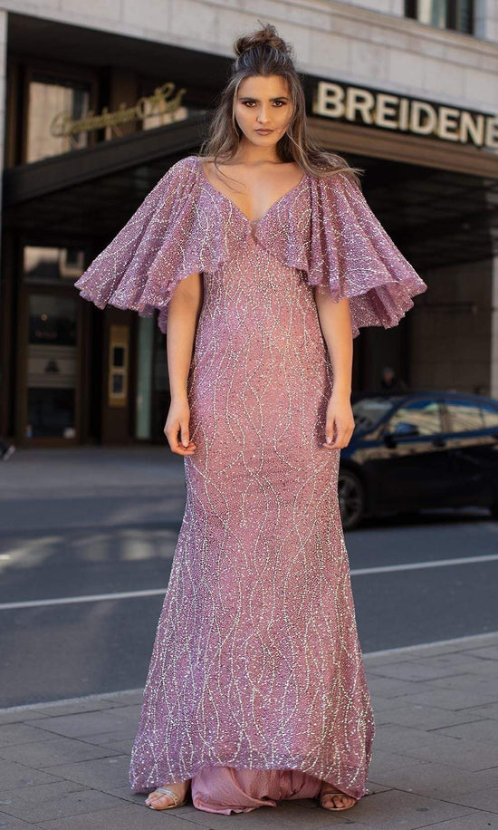Chic and Holland - HF1529 Beaded Deep V Neck Trumpet Gown - Lavender - Main