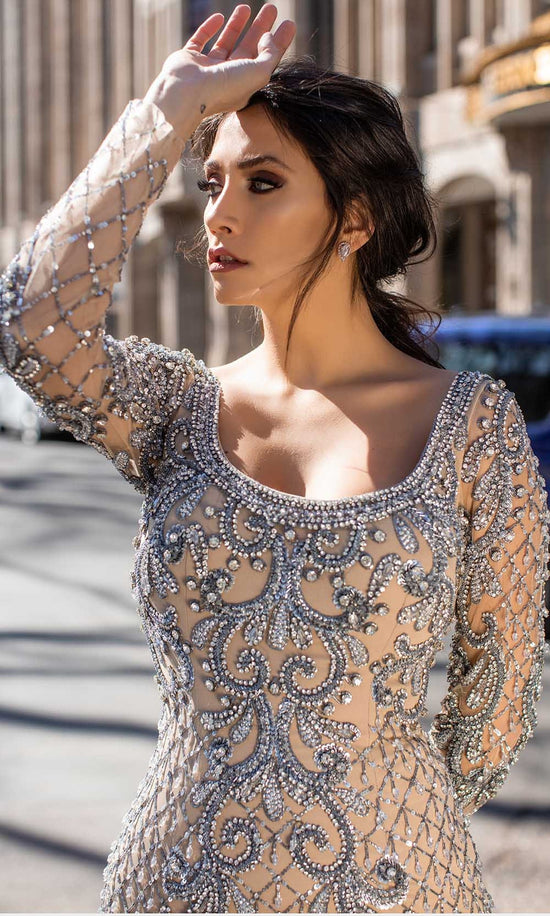 Chic & Holland - HF1537 Embellished Long Sleeve Scoop Sheath Dress