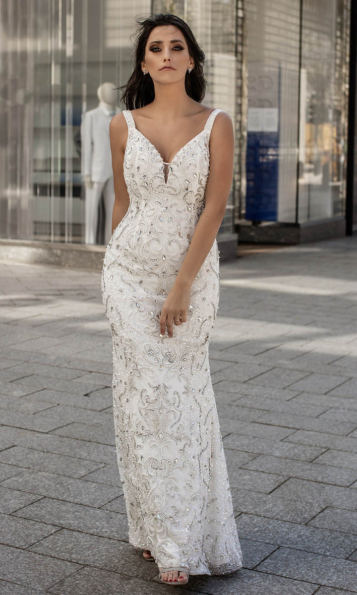 Chic and Holland - HF1539 Embellished Deep V Neck Long Gown - Ivory - Main