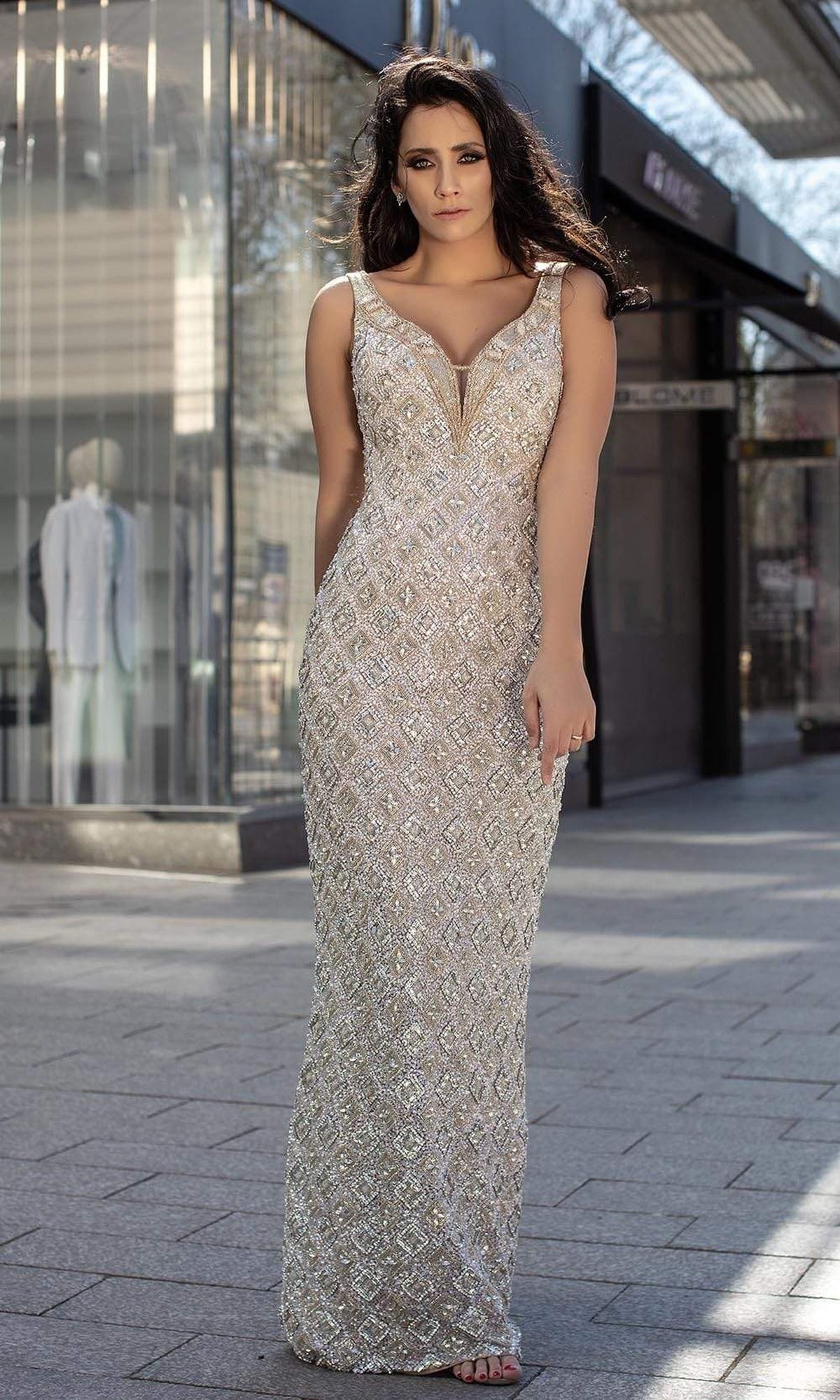 Chic and Holland - HF1544 Embellished Deep V-Neck Junior Prom Dress - Silver On Nude - Main