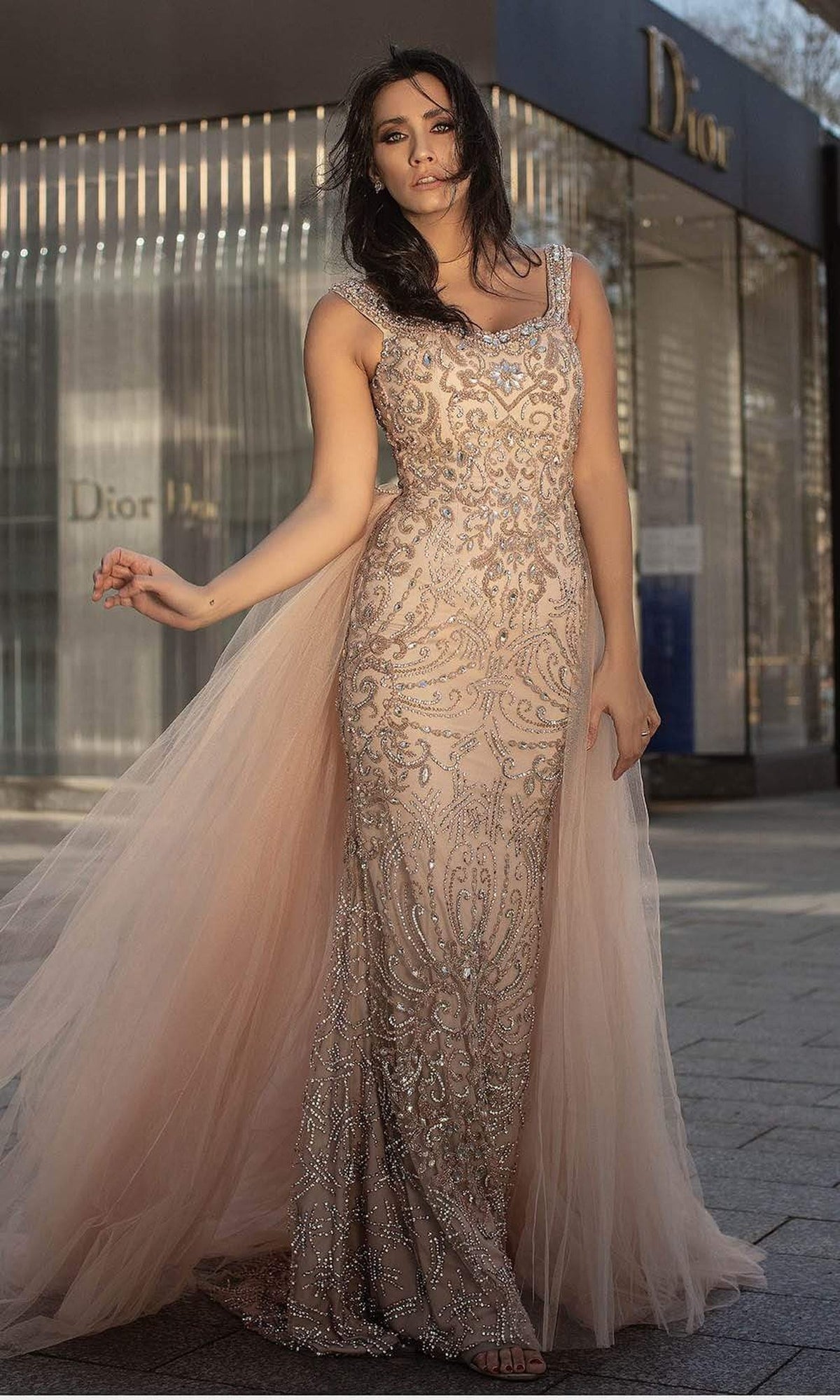 Chic and Holland - HF1576 Embellished Sheath Dress with Overskirt - Blush - Main