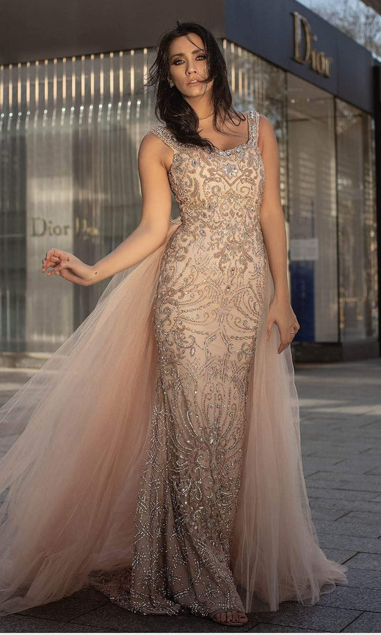 Chic and Holland - HF1576 Embellished Sheath Dress with Overskirt - Blush - Main