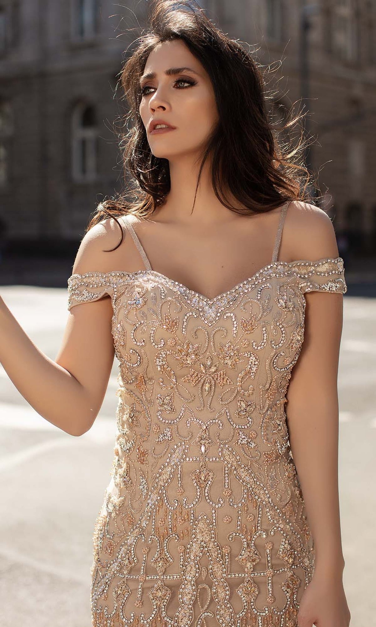 Chic & Holland - HF1578 Bead Embellished Off Shoulder Dress