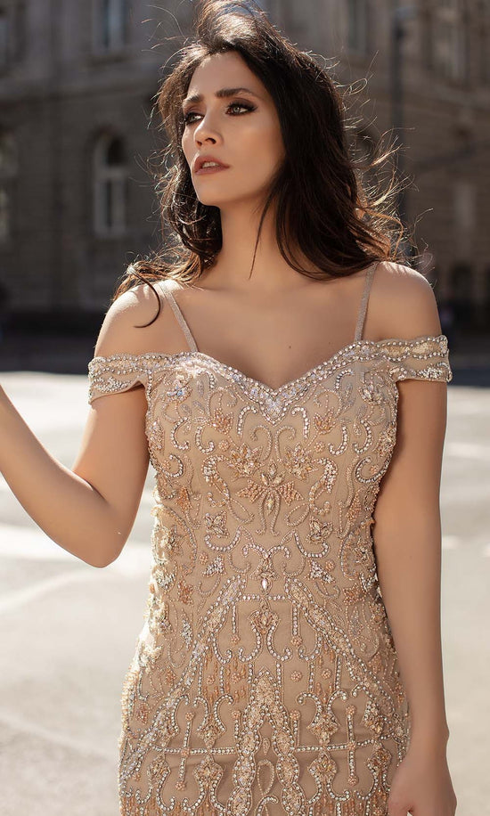 Chic & Holland - HF1578 Bead Embellished Off Shoulder Dress