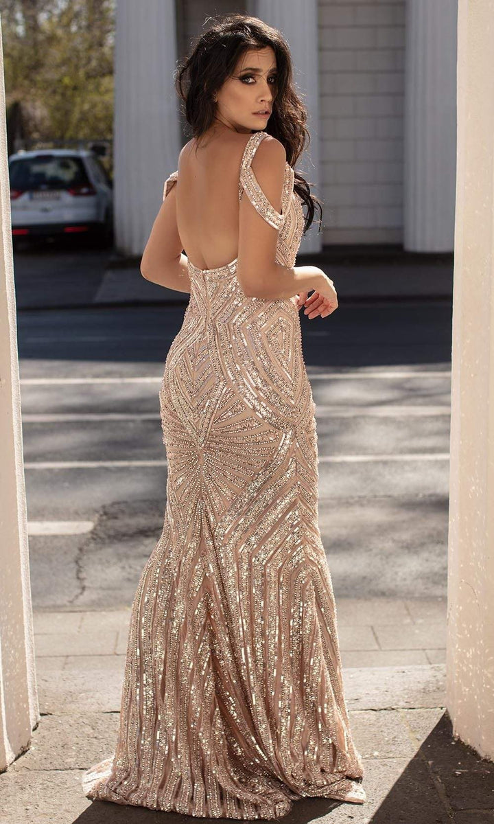 Chic & Holland - HF1588 Cold Shoulder Sequined Trumpet Gown