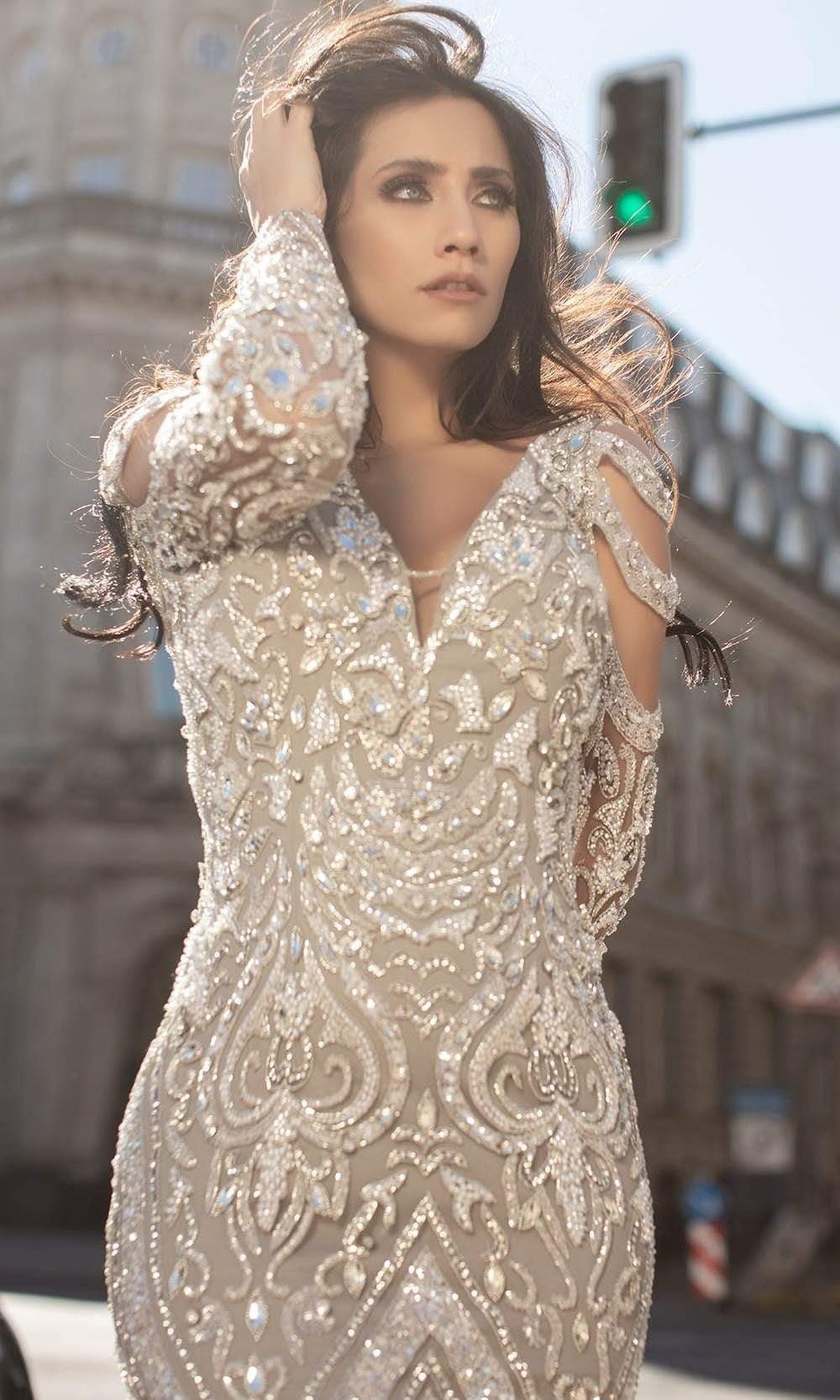 Chic & Holland - HF1597 Cutout Long Sleeves Sequined Dress