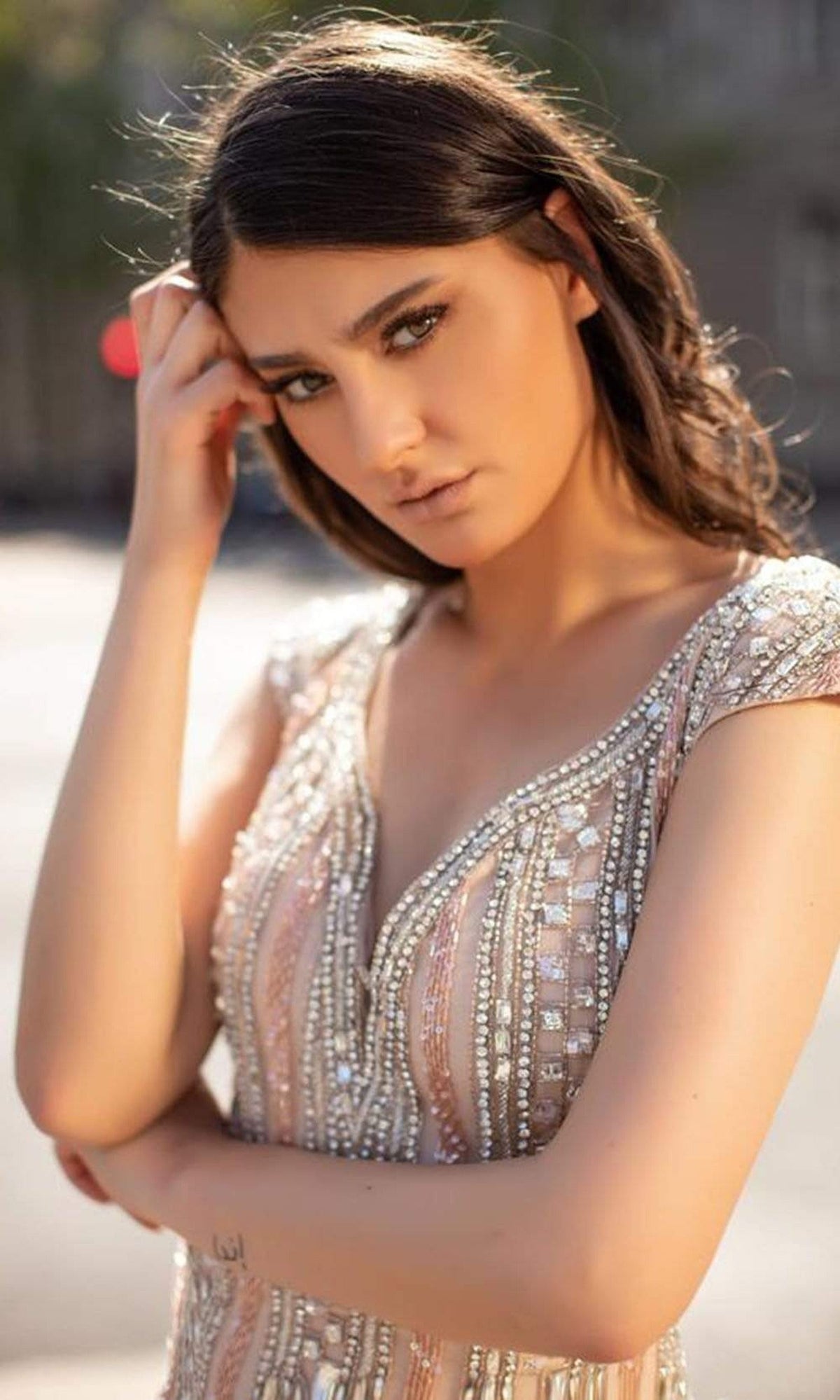 Chic & Holland - HF1600 V-Neck Beaded Long Modest Prom Dress