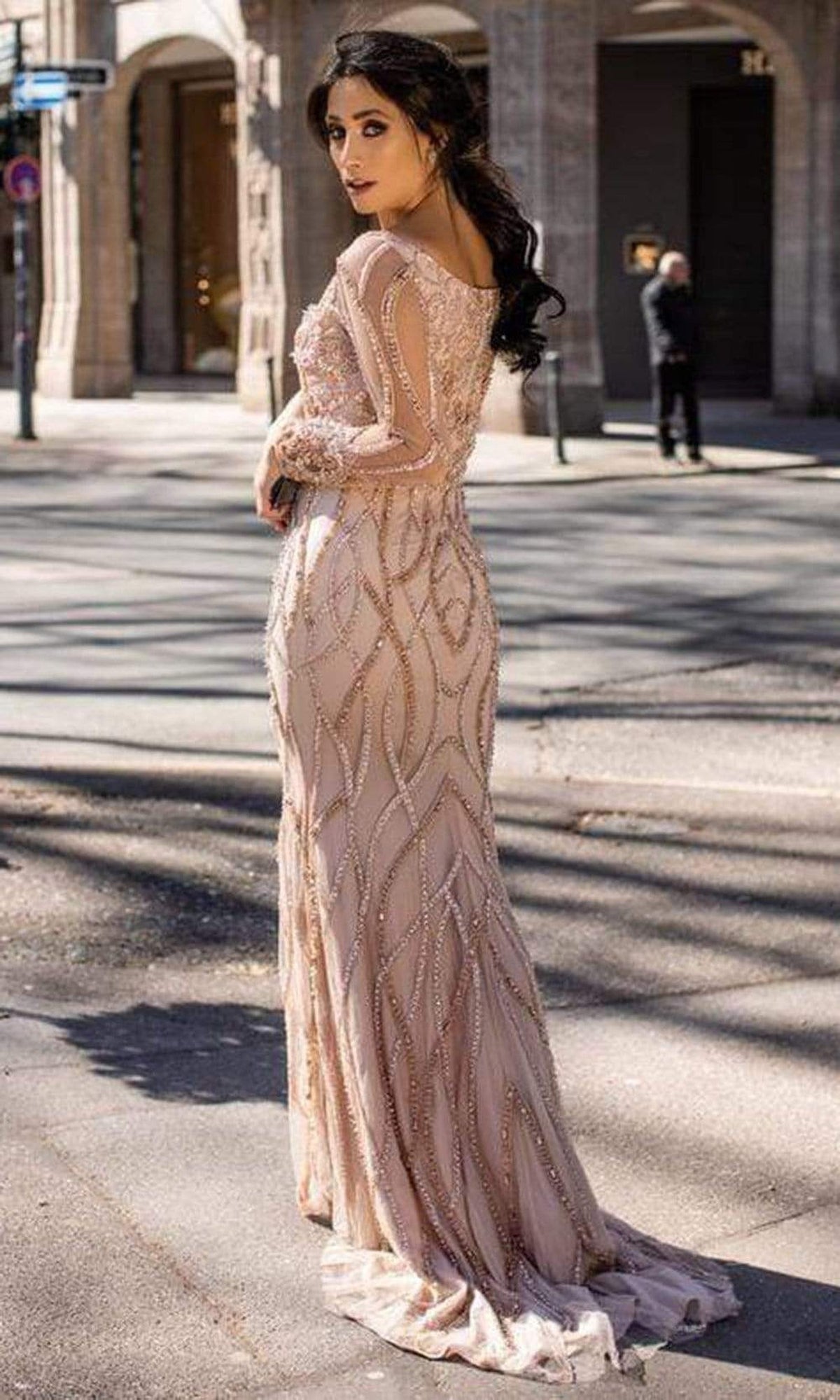 Chic & Holland - HF1610 Sheer Long Sleeve Beaded Dress