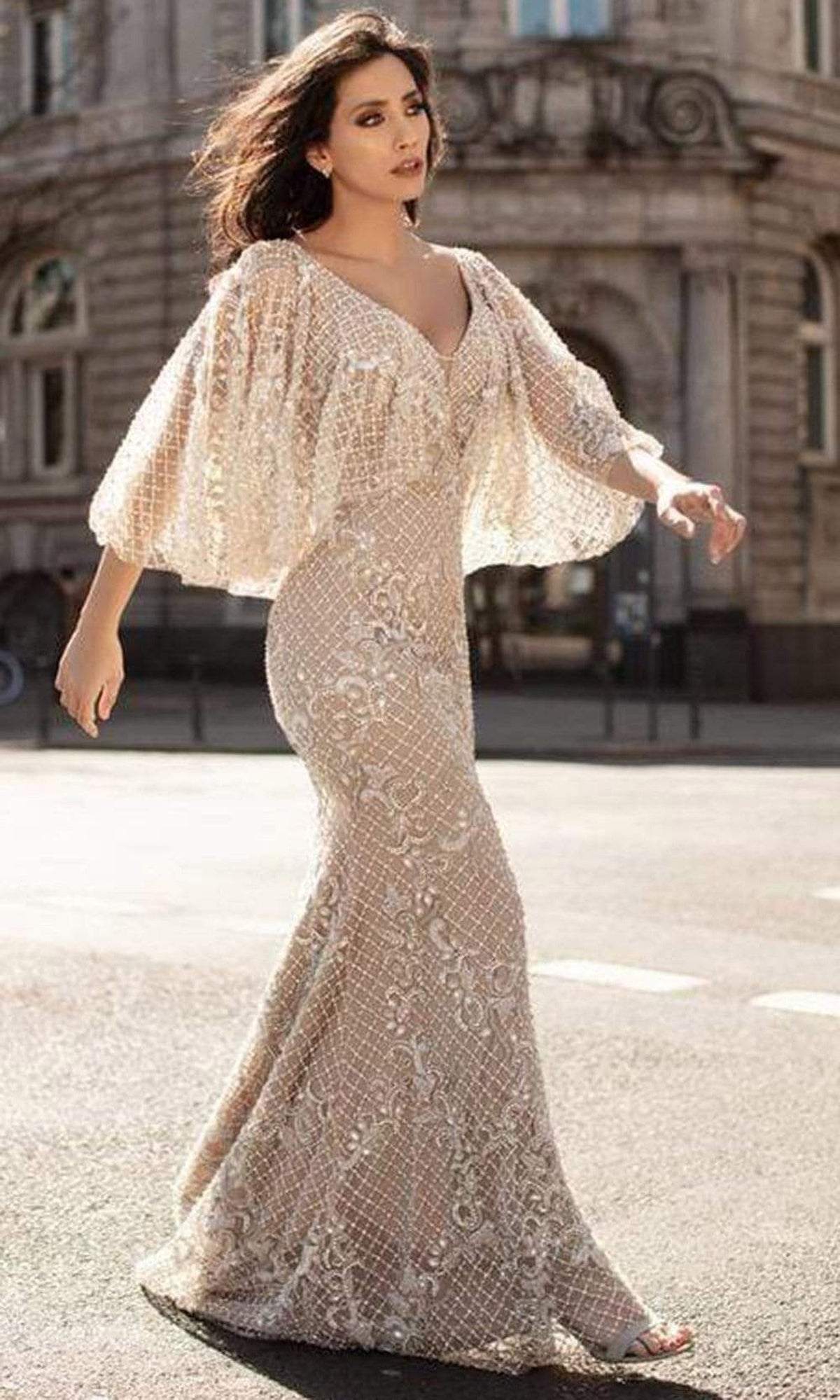 Chic and Holland - HF1611 Bell Sleeve Lattice Trumpet Gown - Nude - Main