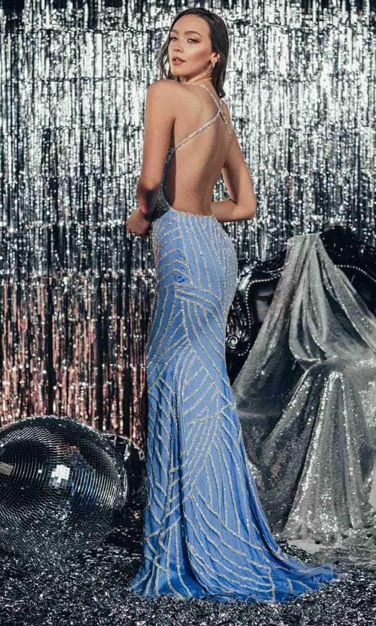 Chic & Holland AF330092 - Rhinestone Embellished Open Back Prom Gown