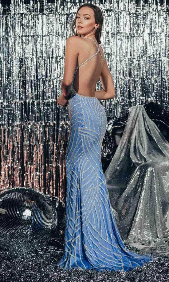 Chic & Holland AF330092 - Rhinestone Embellished Open Back Prom Gown
