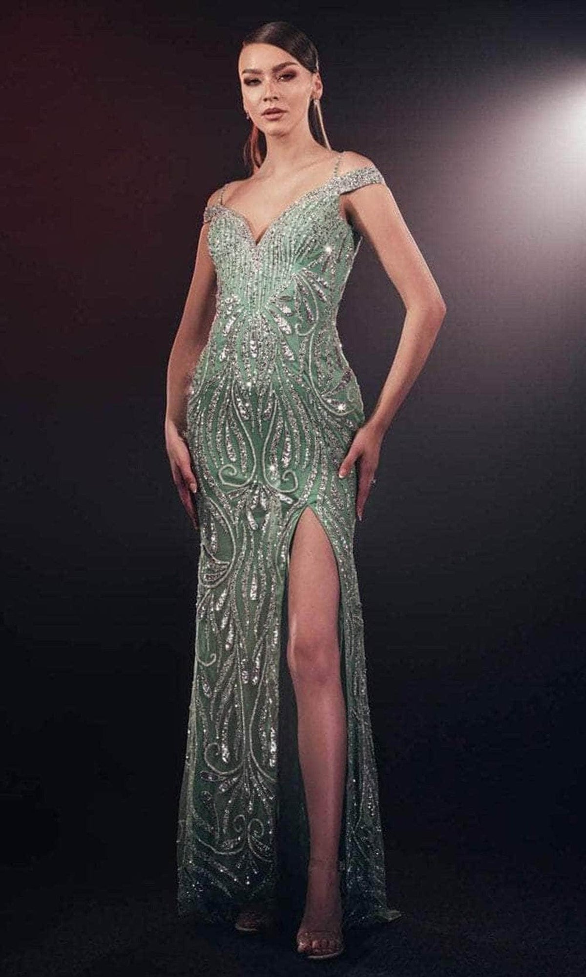 Chic and Holland AF330189 - Cold Shoulder Sequined Evening Gown - Green - Main
