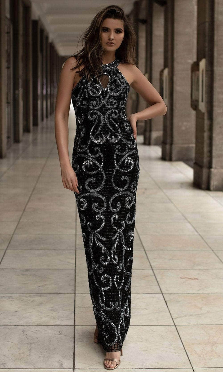 Chic and Holland AN1409 - Halter Beaded Swirl Prom Gown - Black - Main