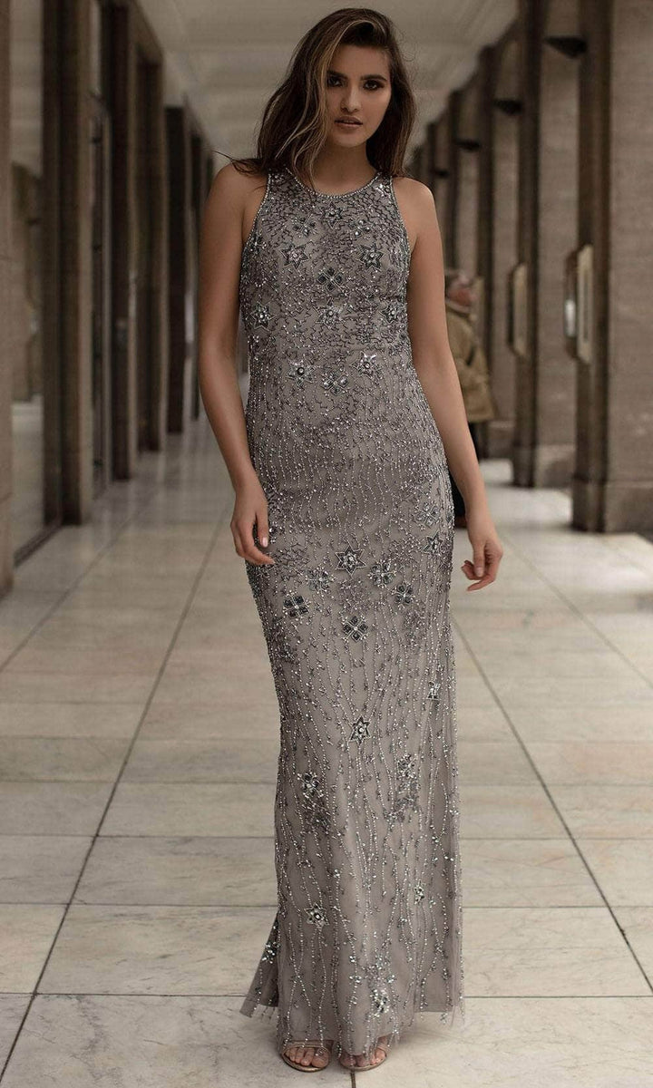 Chic and Holland AN1410 - Jewel Beaded Prom Gown With Slit - Silver - Main
