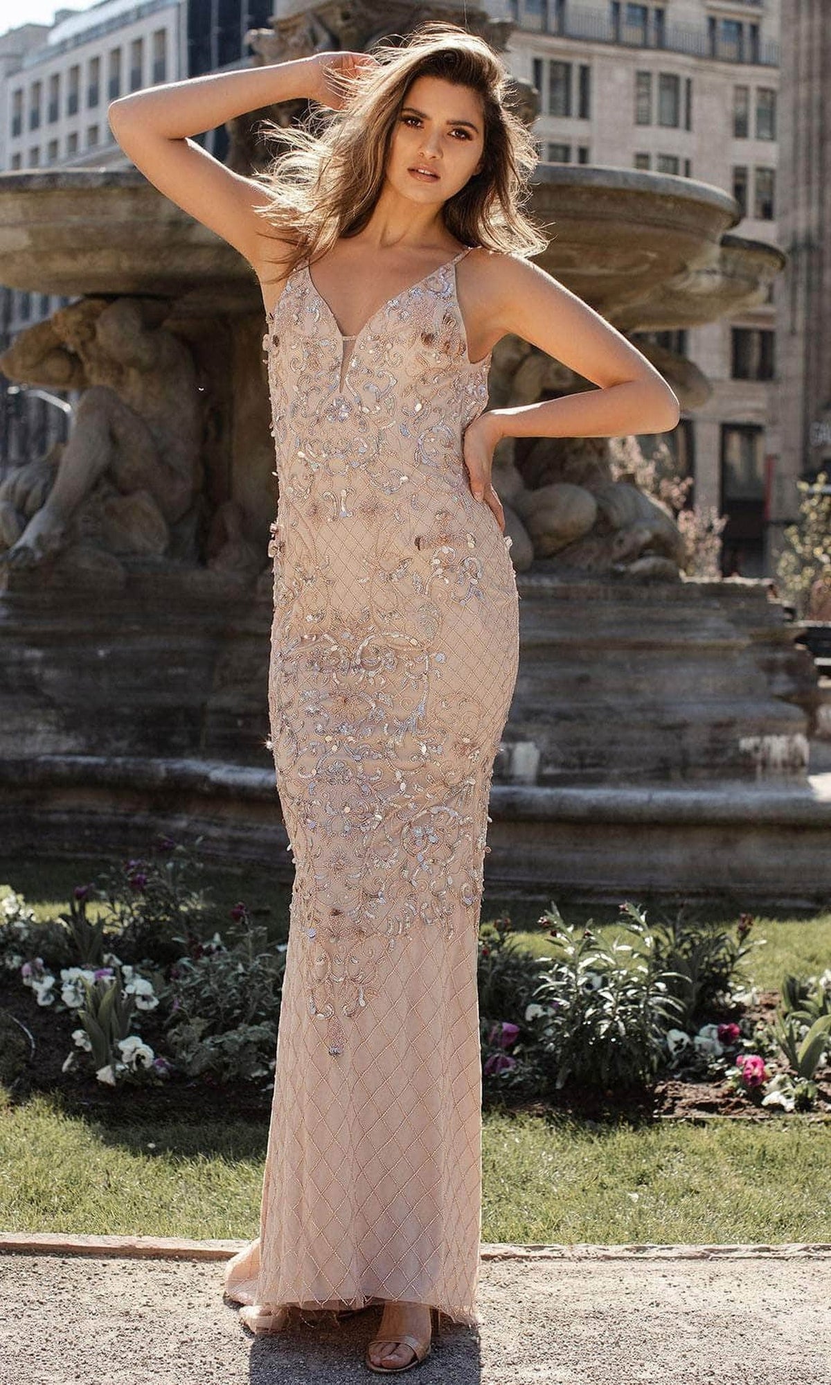 Chic and Holland AN1470 - V-Neck Beaded Prom Gown - Blush - Main