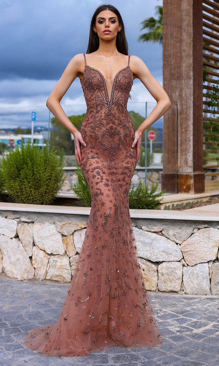 Chic and Holland AR330331 - Plunging V-Neck Mermaid Prom Gown - Fawn - Main