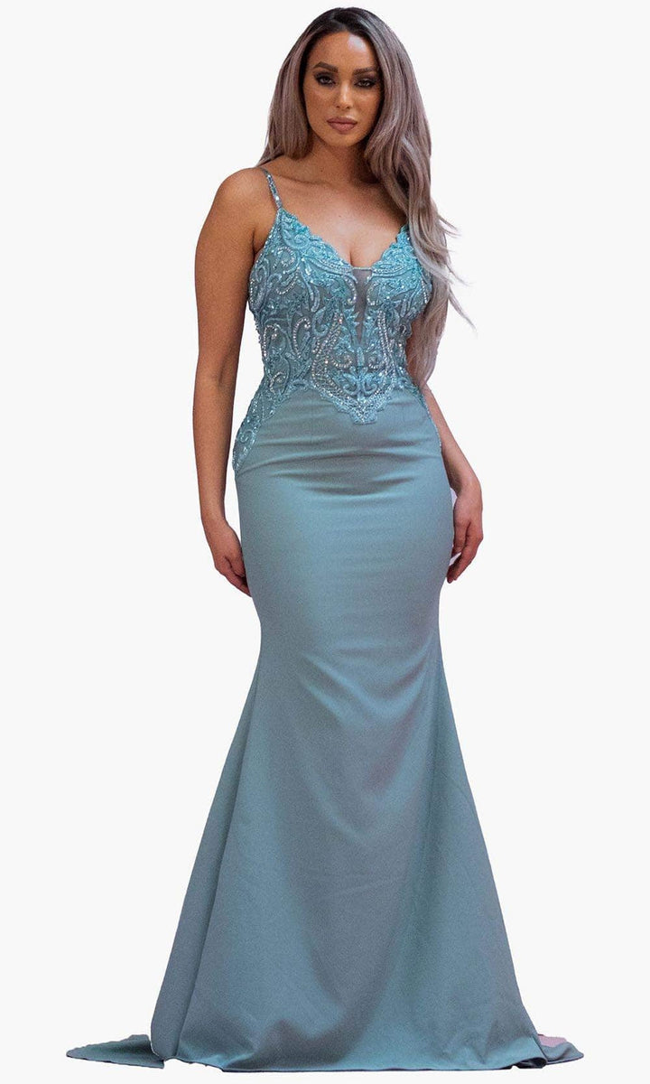 Chic and Holland BM1848 - Plunged V-Neck Evening Dress - Green Mint - Main