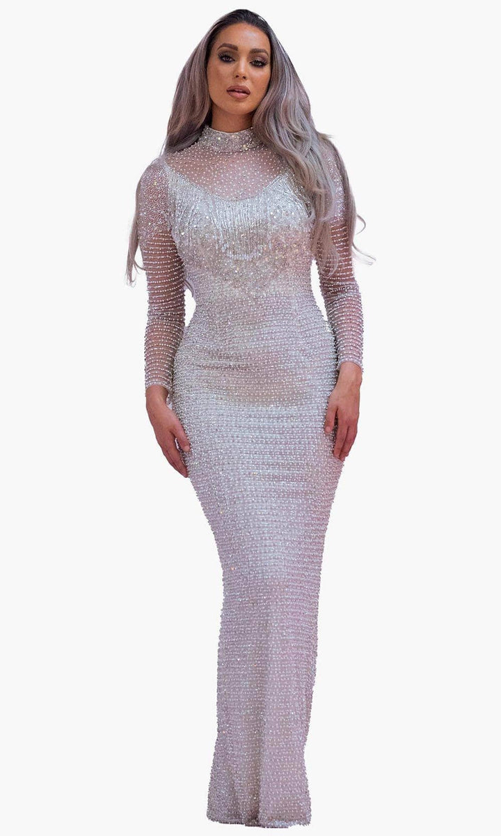 Chic and Holland BR1984 - Beaded High Neck Bridal Dress - Silver - Main
