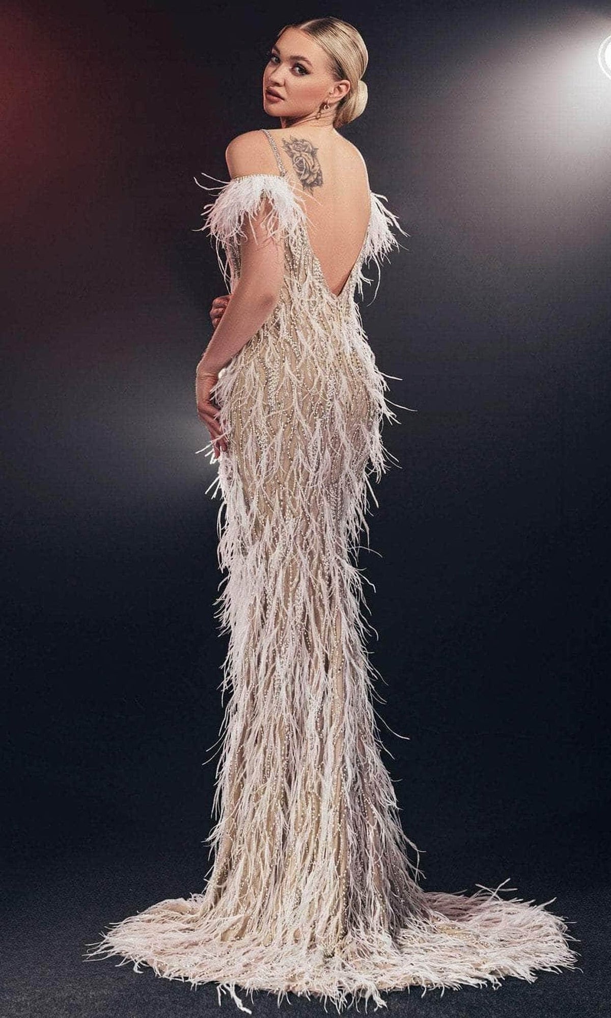 Chic & Holland HF110085 - Feathered Off Shoulder Evening Gown
