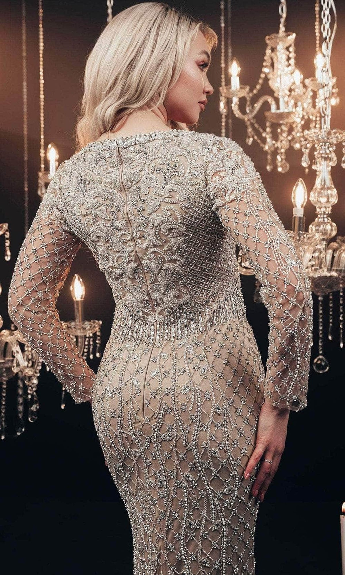 Chic & Holland HF110104 - Long Sleeve Beaded Evening Gown