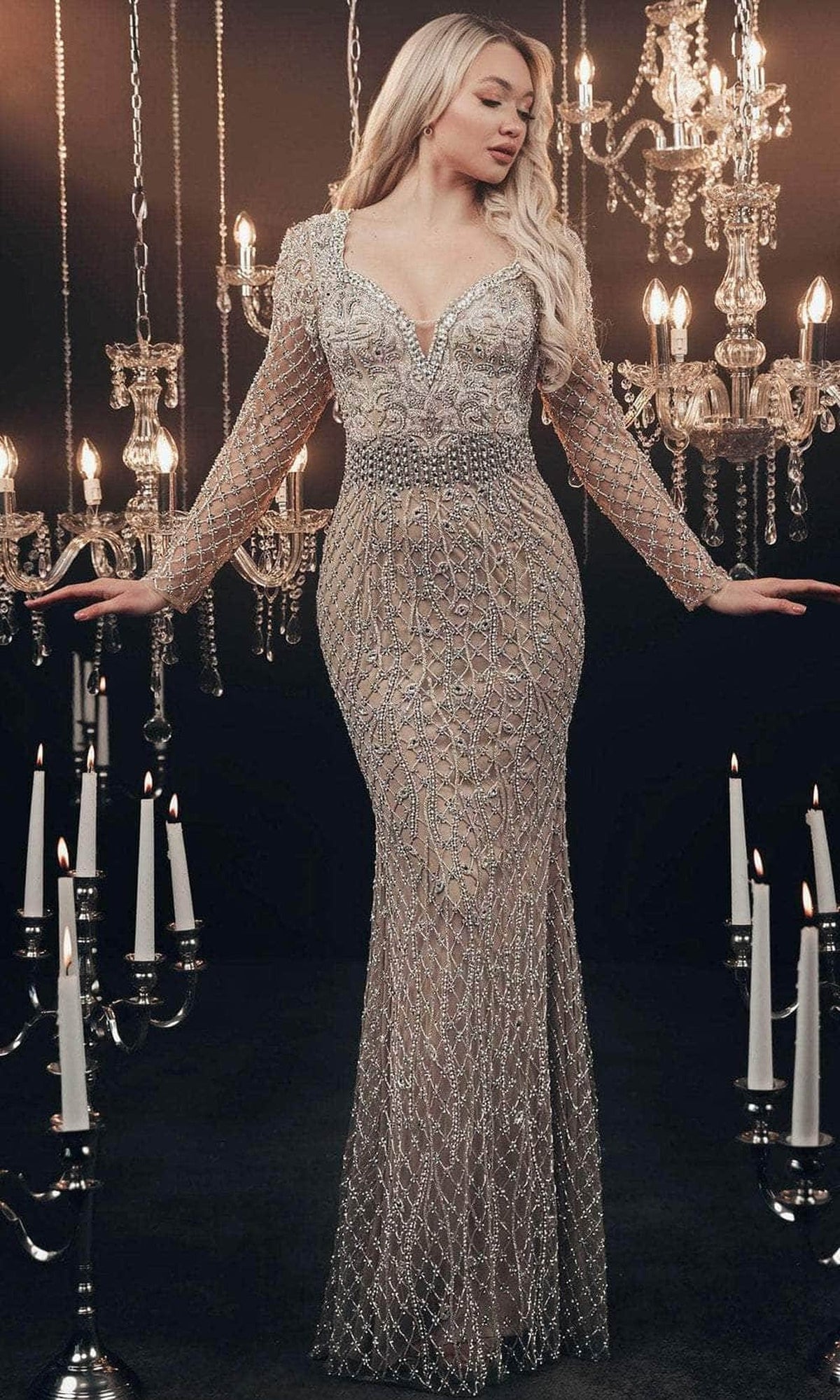Chic and Holland HF110104 - Long Sleeve Beaded Evening Gown - Silver Nude - Main