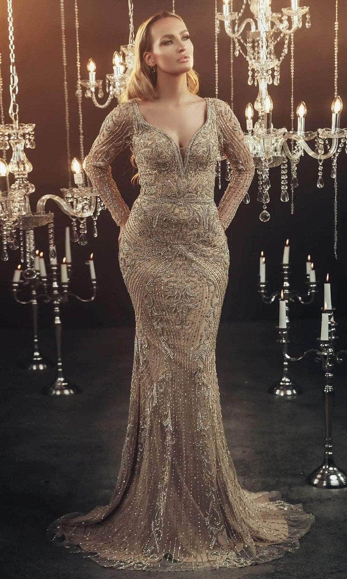 Chic and Holland HF110117 - Scoop Back Beaded Evening Dress - Gold - Main