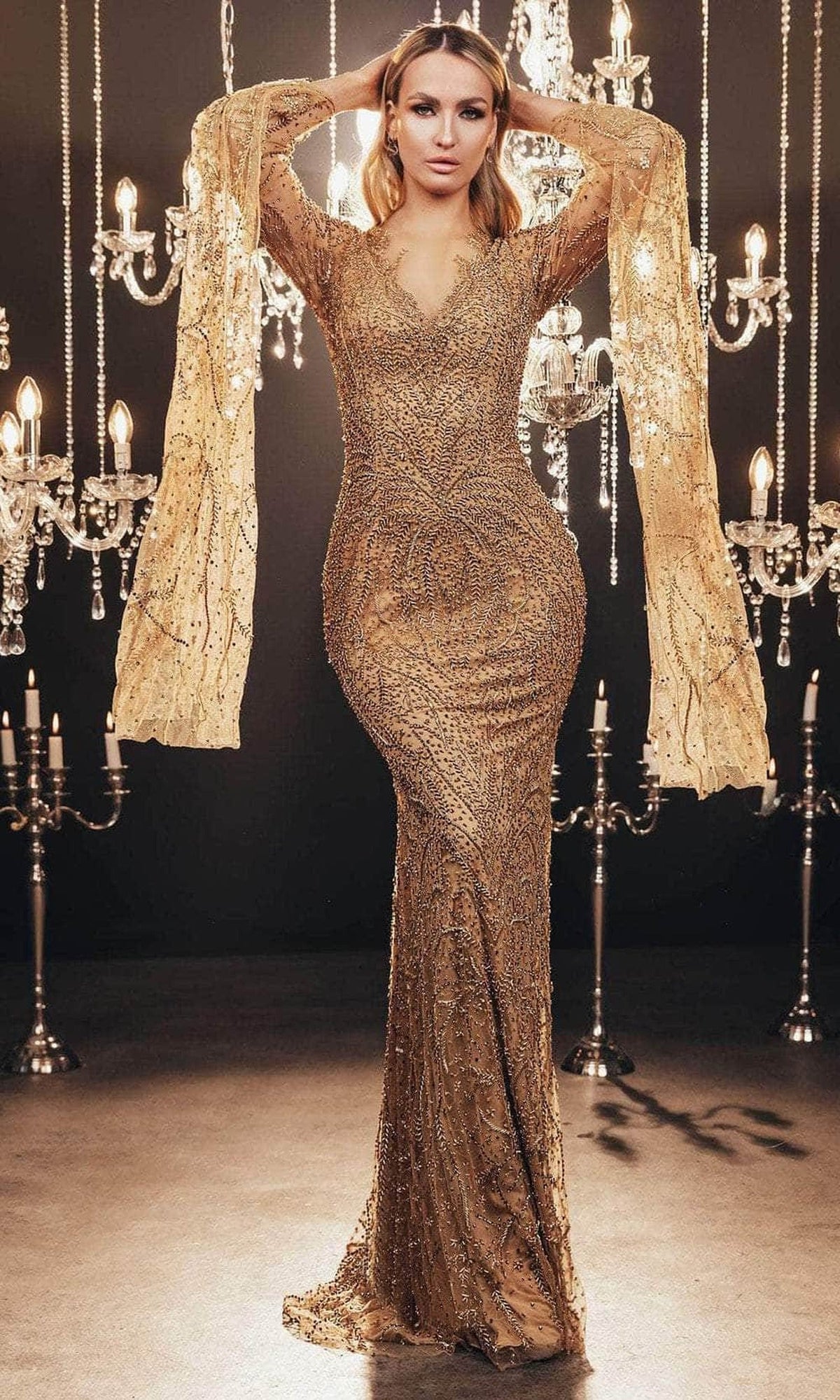 Chic and Holland HF110138 - Beaded Mermaid Evening Gown - Gold - Main