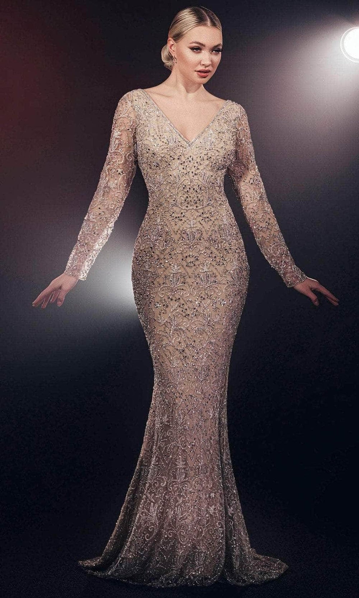 Chic and Holland HF110139 - Beaded Mermaid Evening Gown - Silver Nude - Main