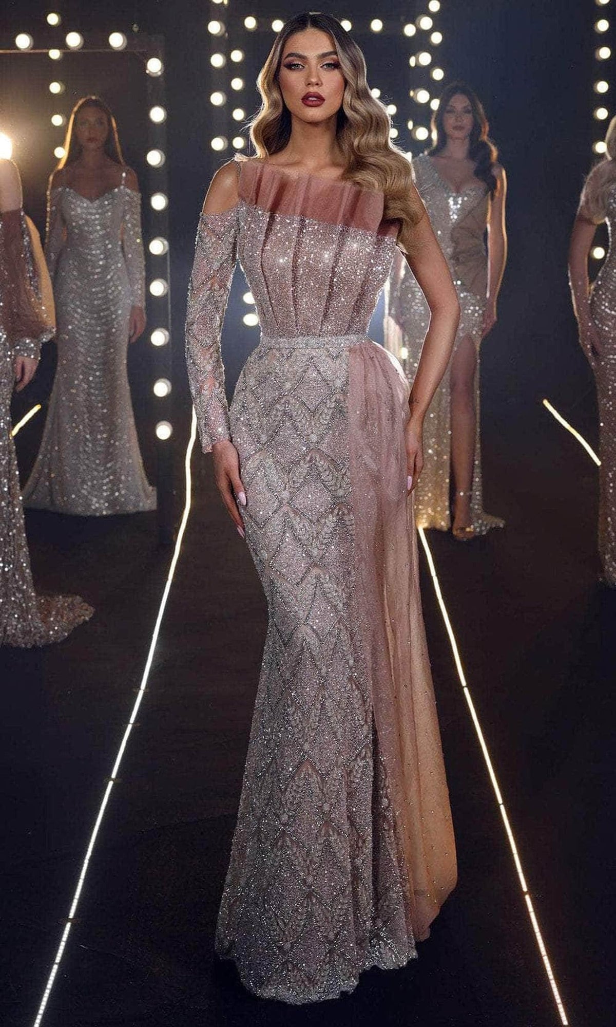 Chic and Holland HF110155 - Asymmetrical Bodice Evening Gown - Silver Mauve - Main