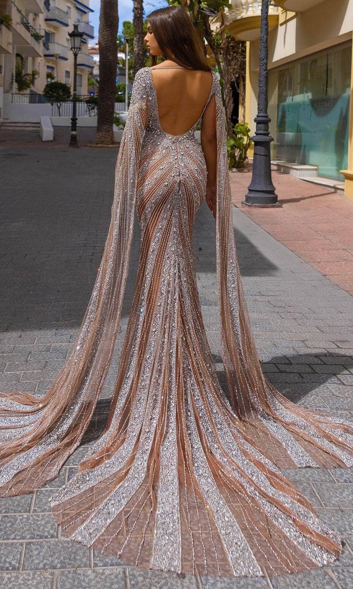 Chic & Holland HF110276 - Cape Sleeve Scoop Back Evening Dress