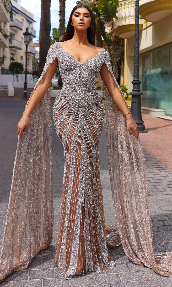 Chic and Holland HF110276 - Cape Sleeve Scoop Back Evening Dress - Nude/Silver - Main