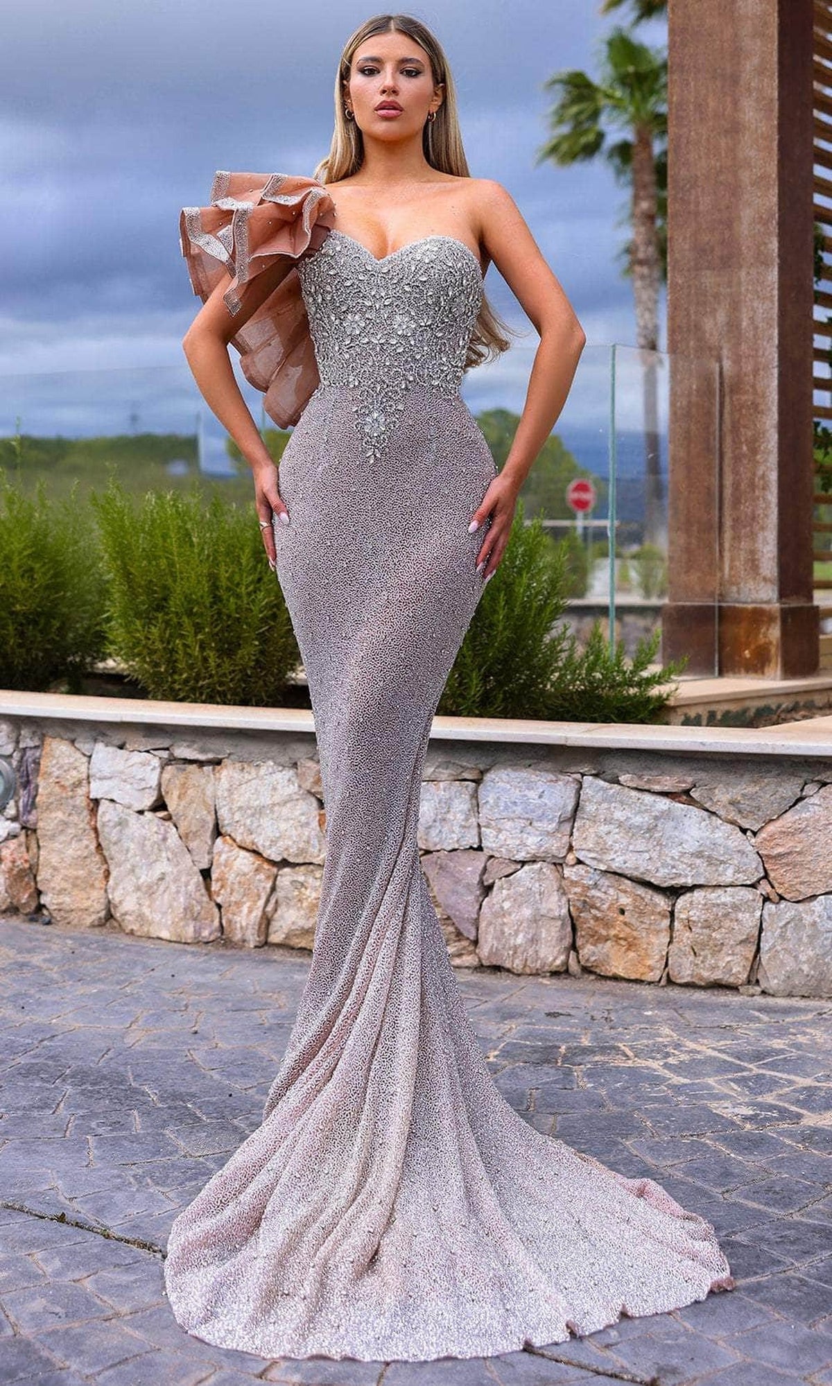 Chic and Holland HF110277 - Ruffled Shoulder Sweetheart Evening Dress - Silver/Nude - Main