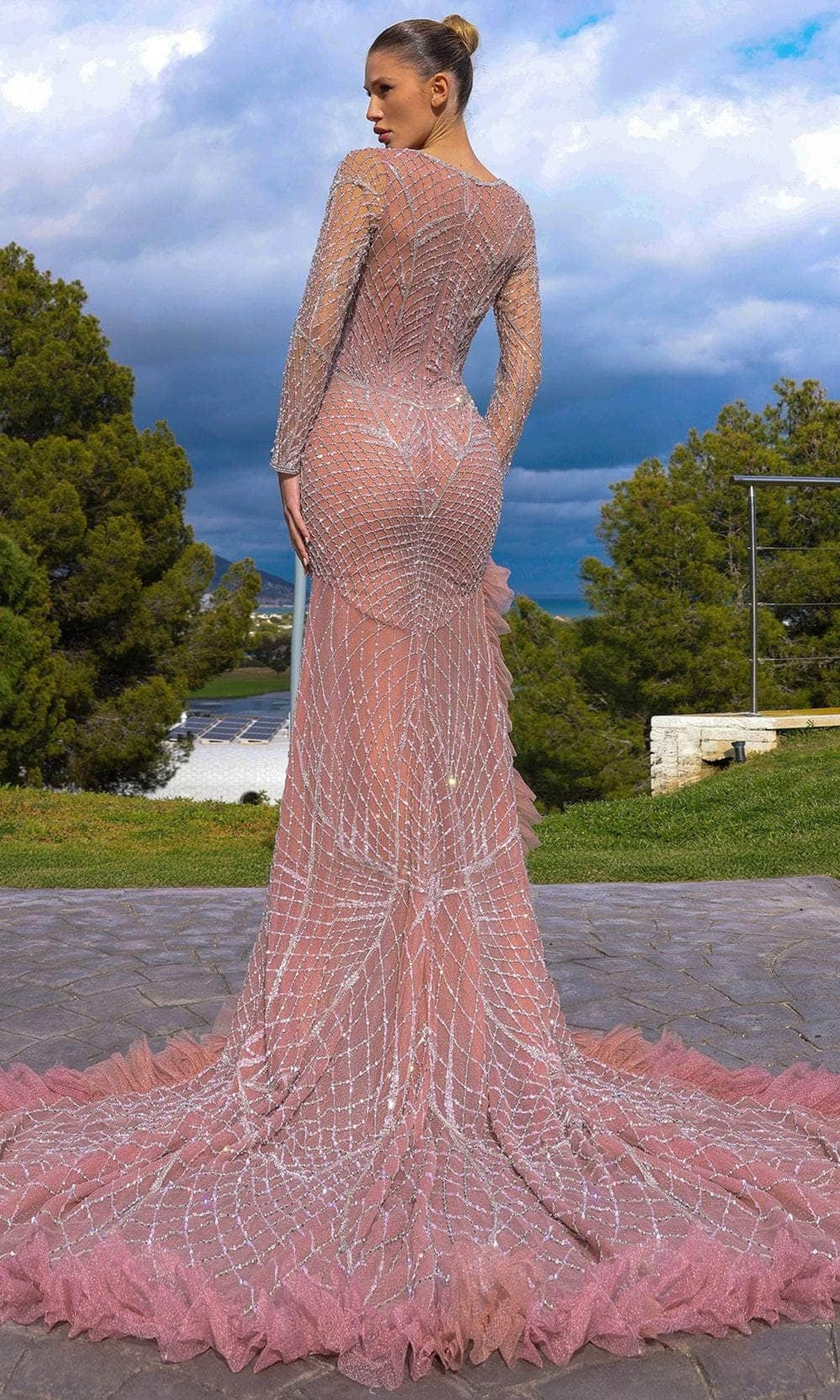 Chic & Holland HF110285 - Long Sleeve Ruffle Trim Evening Dress