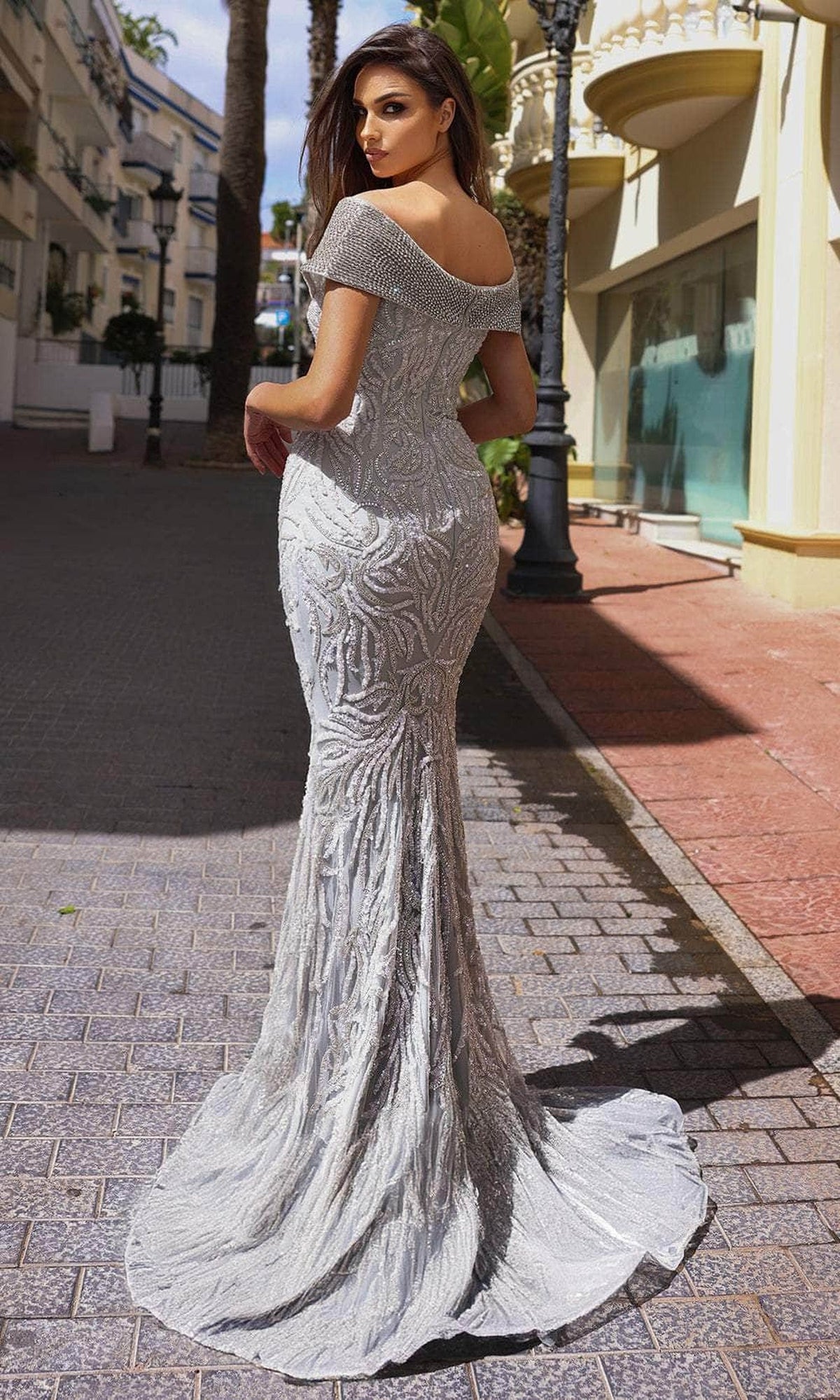 Chic & Holland HF110288 - Appliqued Deep V-Neck Evening Dress
