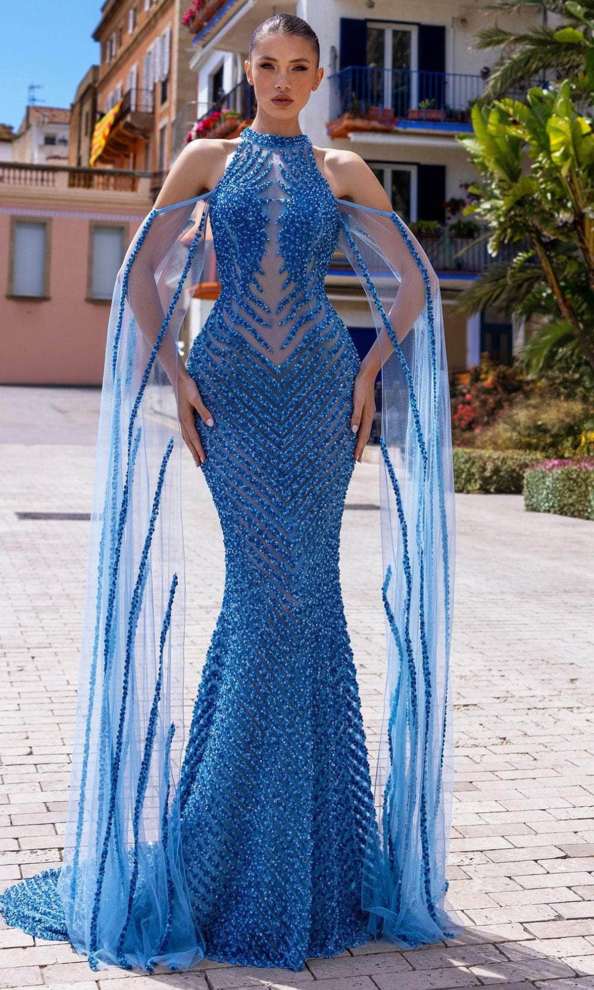 Chic and Holland HF110296 - Cold Shoulder Cape Sleeve Evening Dress - Blue - Main