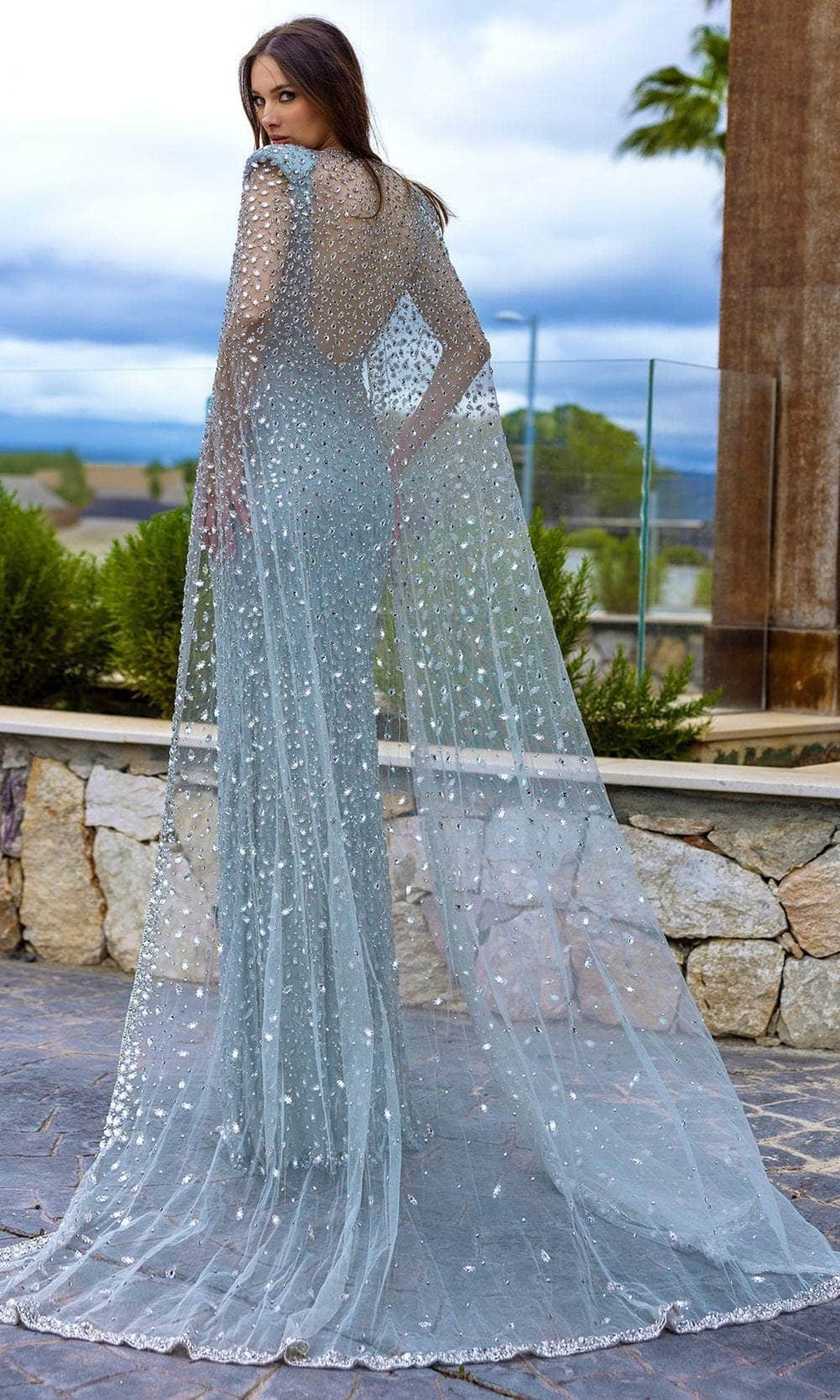 Chic & Holland HF110311 - Sheer Cape V-Neck Evening Dress