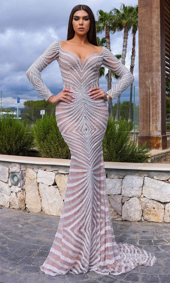Chic and Holland HF110316 - Long Sleeve Sweetheart Evening Dress - Ivory/Nude - Main