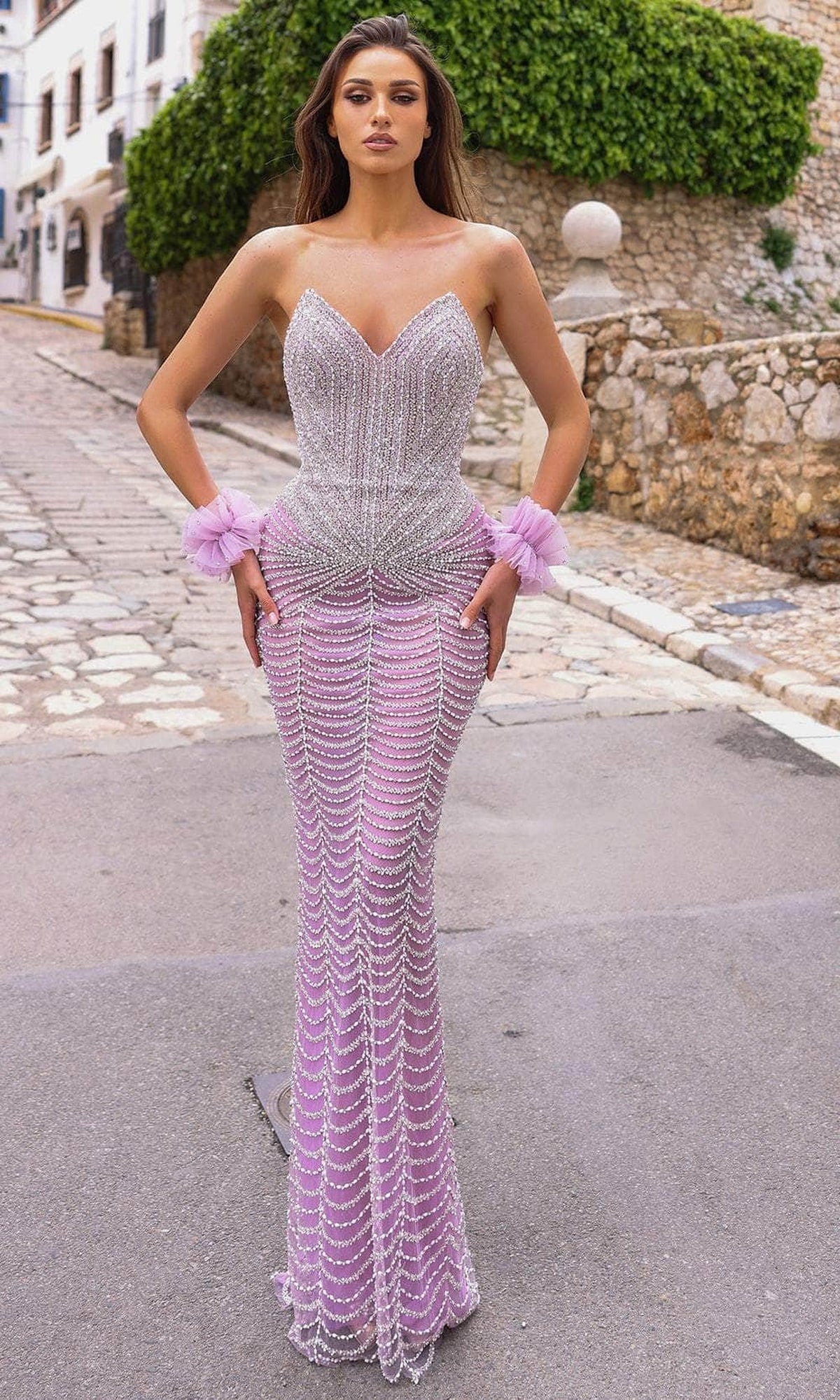 Chic and Holland HF110317 - V-Neck Beaded Ornate Evening Dress - Lavender - Main
